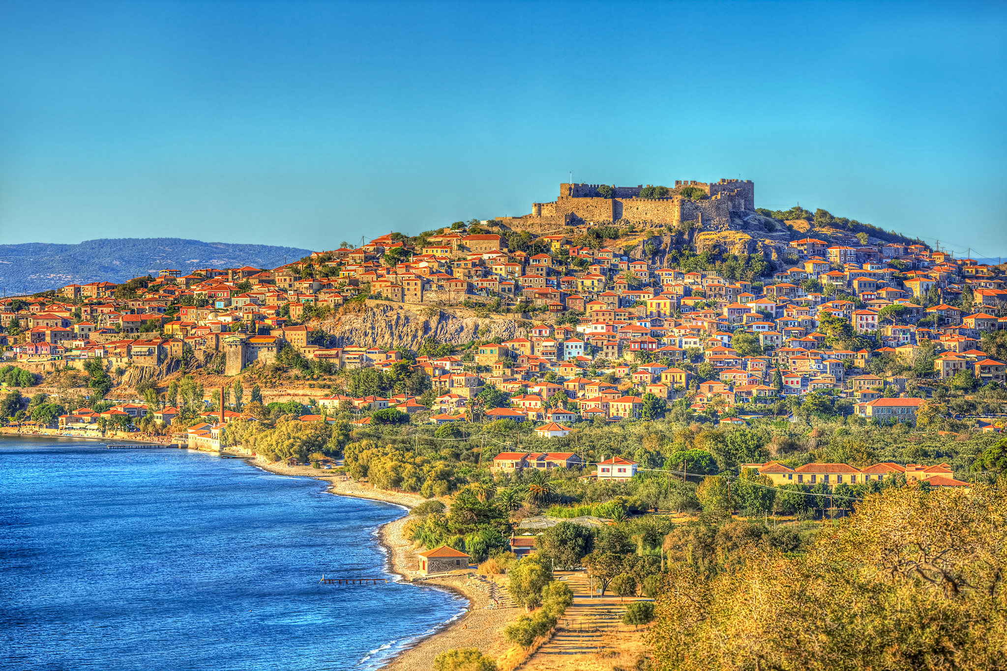 Molyvos Castle and Beautiful Blue Sky in Lesvos Island, Mythimna, Greece